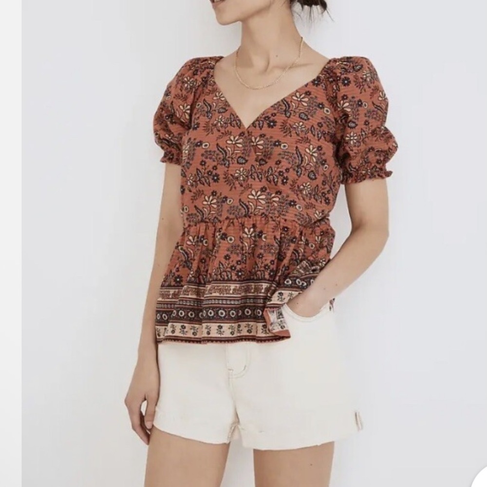 Madewell Blouse Puff Sleeve Peplum Top in Cavoli Floral cotton Small